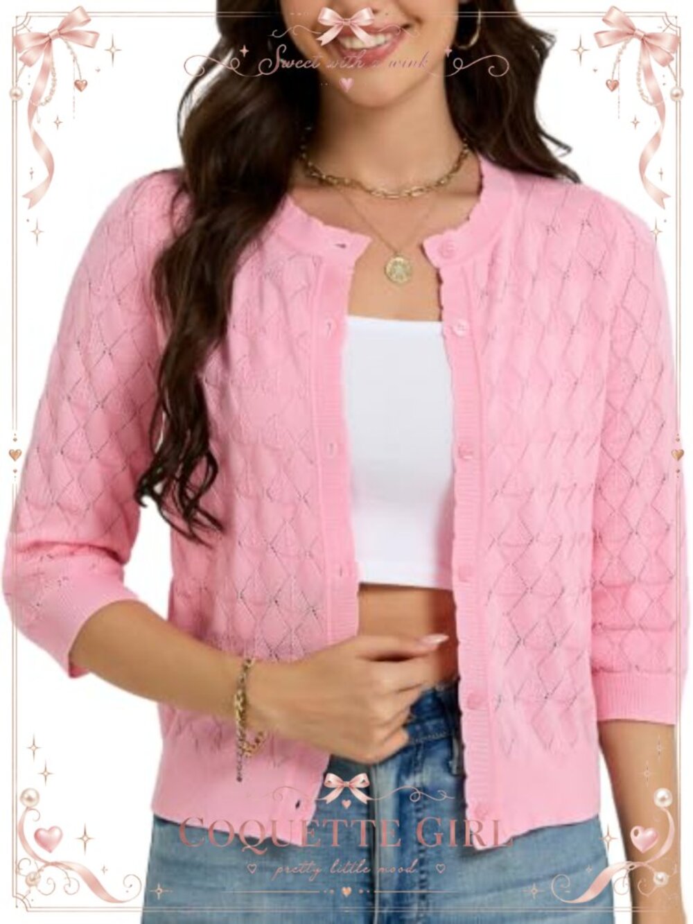 Women's 3/4 Sleeve Cropped Crochet Knit Cardigan Button Down Shrug